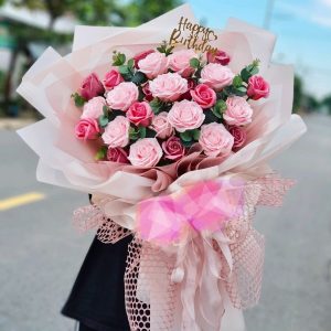 bó hoa sáp cao cấp hồng mix gói xốp Hàn không nhăn