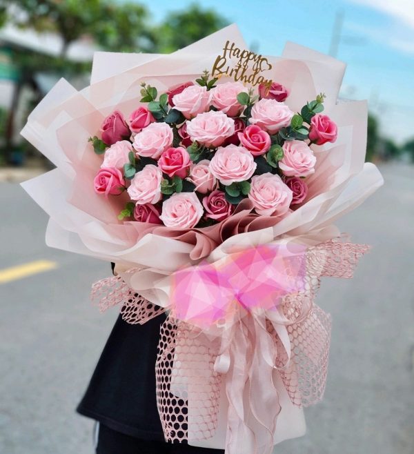 bó hoa sáp cao cấp hồng mix gói xốp Hàn không nhăn